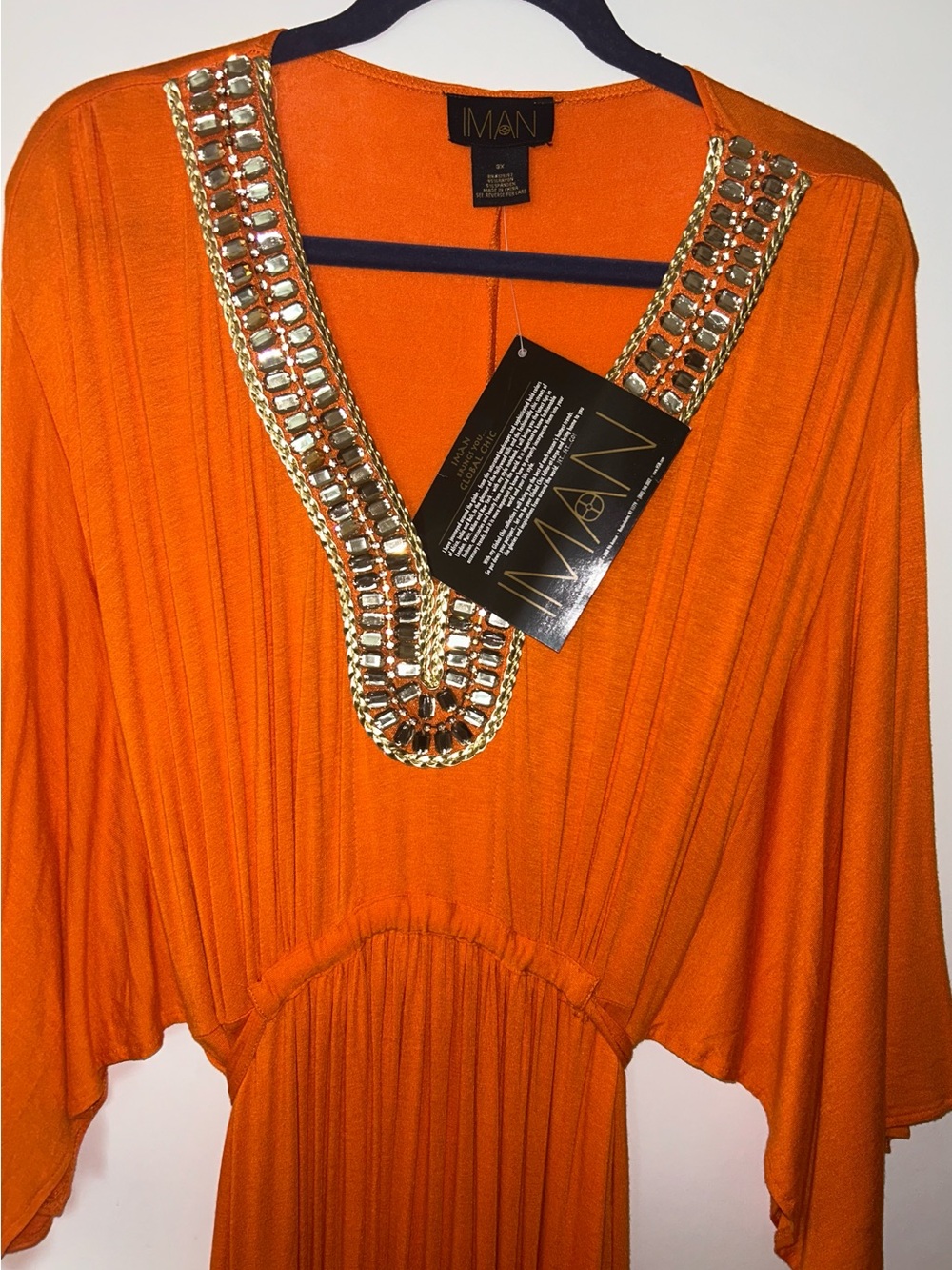 Iman  Orange Dress with Gold Beaded V-Neck